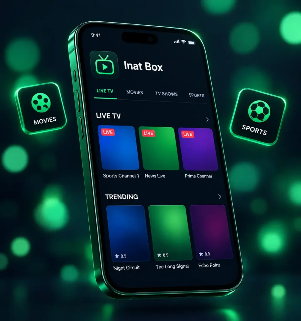 Home 1 Inat Box APK phone interface showing live TV and trending content